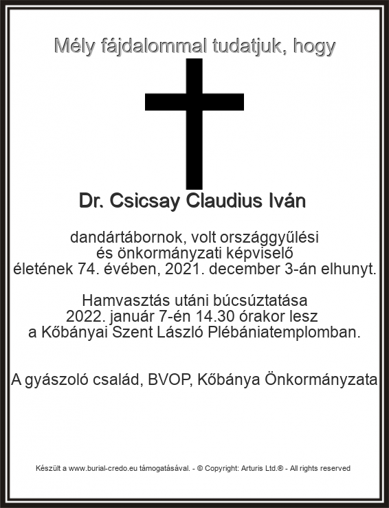 Dr. Csicsay Claudius Ivánt gyászjelentés